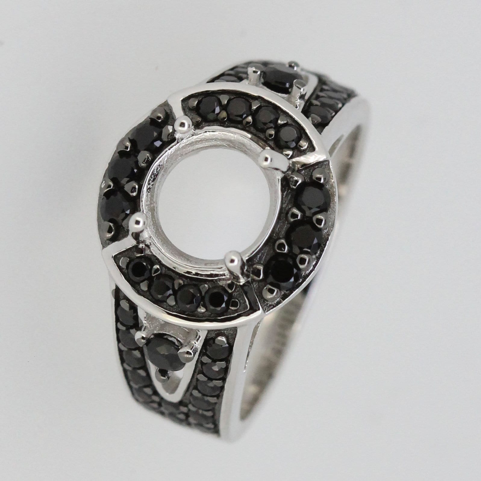Sterling Silver Semi Mount Ring Setting RD 8x8mm Halo w/ White Topaz or Black Spinel Syzjewelry