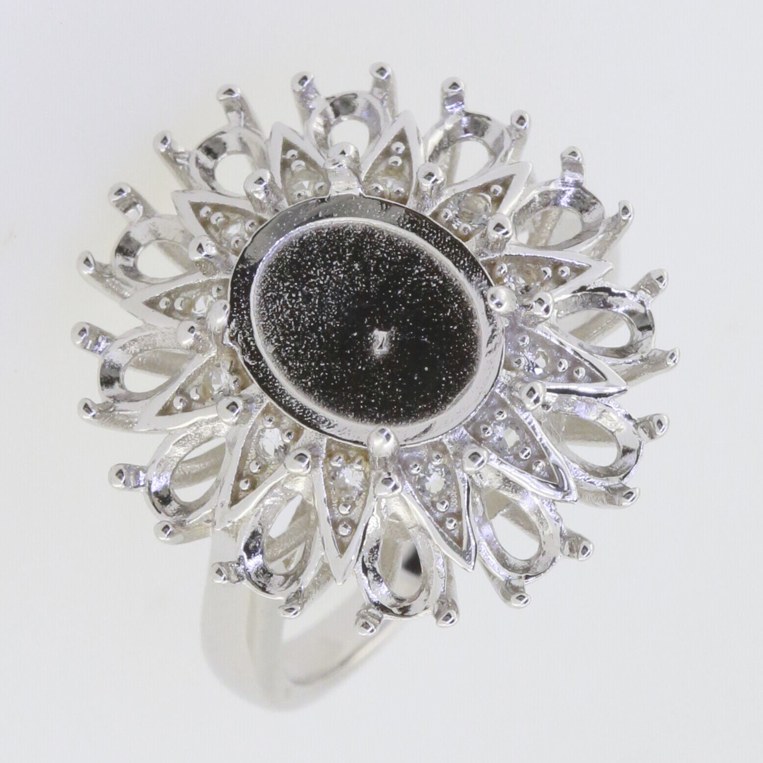 Vintage Inspired Sterling Silver Semi Mount Ring Setting Cab Oval OV 10x8mm PE 5x3mm Sunburst Halo Ring Syzjewelry