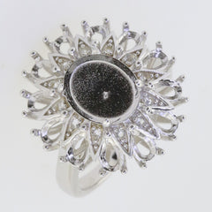 Vintage Inspired Sterling Silver Semi Mount Ring Setting Cab Oval OV 10x8mm PE 5x3mm Sunburst Halo Ring Syzjewelry