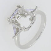 Sterling Silver Semi Mount Ring Setting Emerald OCT 12X9mm Tri 5x5mm 3 Stones - Syzjewelry