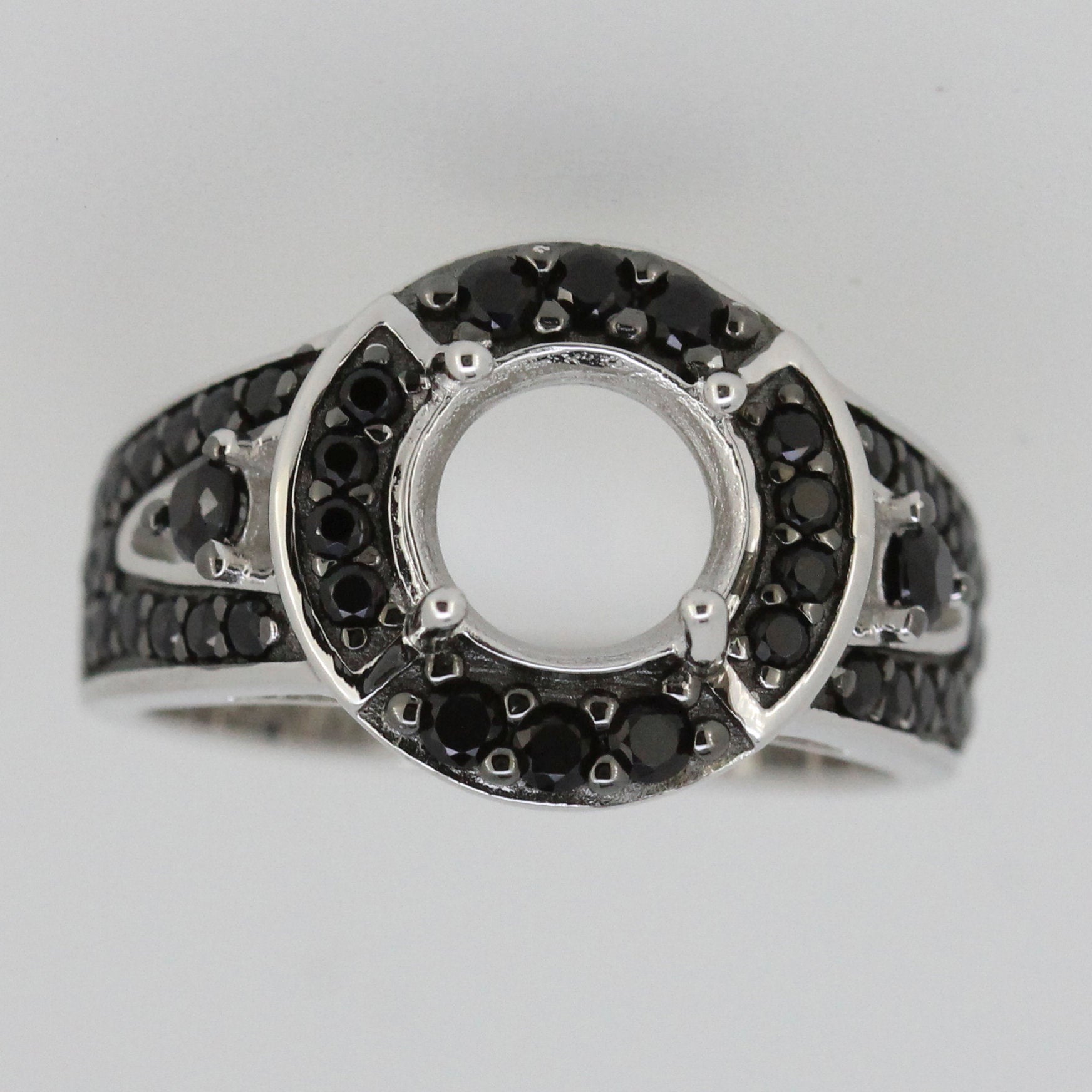Sterling Silver Semi Mount Ring Setting RD 8x8mm Halo w/ White Topaz or Black Spinel Syzjewelry