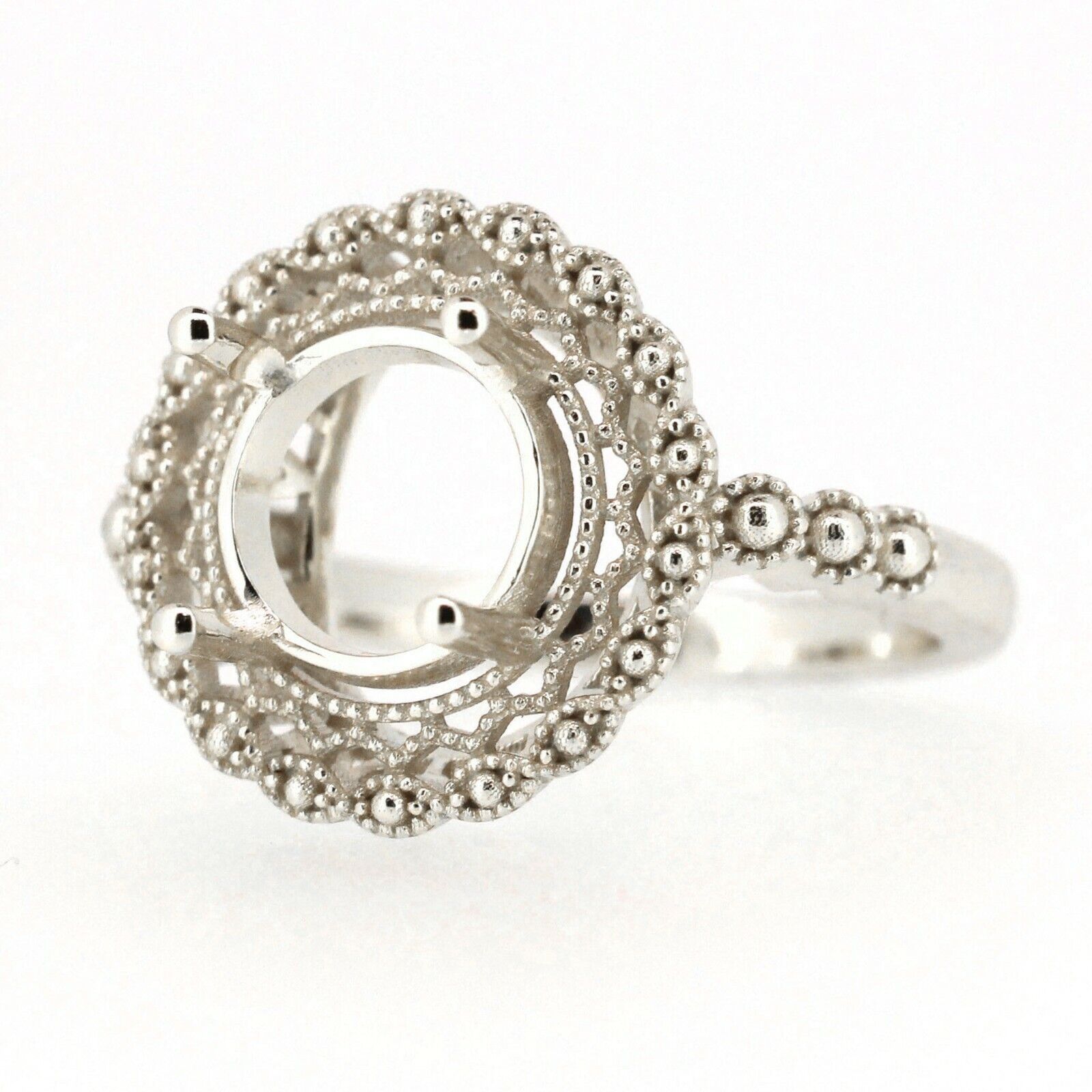 Edwardian Style Sterling Silver Semi Mount Ring Setting Round RD 9x9mm Syzjewelry