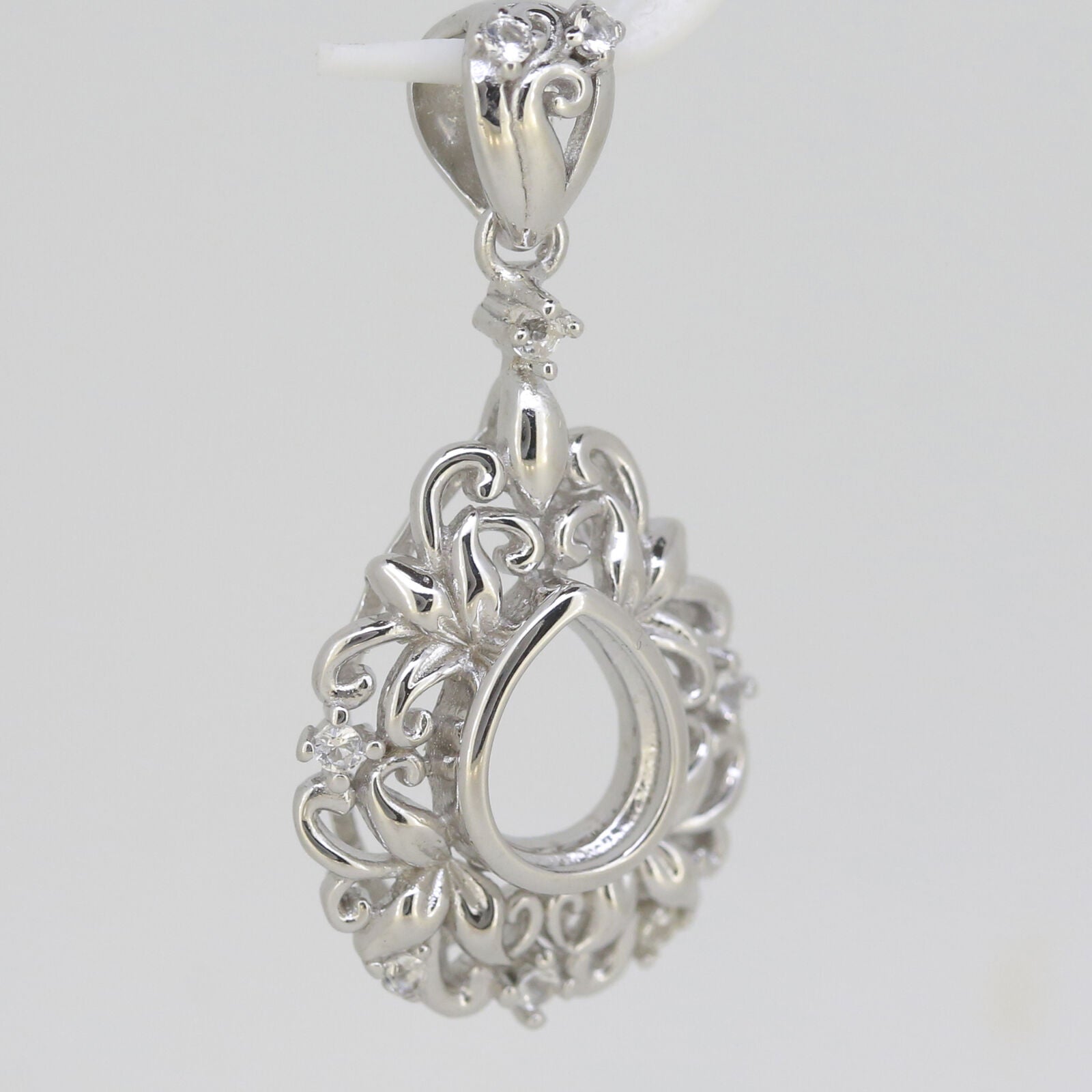 Vintage Style Sterling Silver Semi Mount Pendant Setting Pear PE 9x7mm Art Nouveau Fleur de Lis Syzjewelry