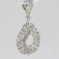 Vintage Style Sterling Silver Semi Mount Pendant Setting Pear PE 9x7mm Art Nouveau Fleur de Lis Syzjewelry