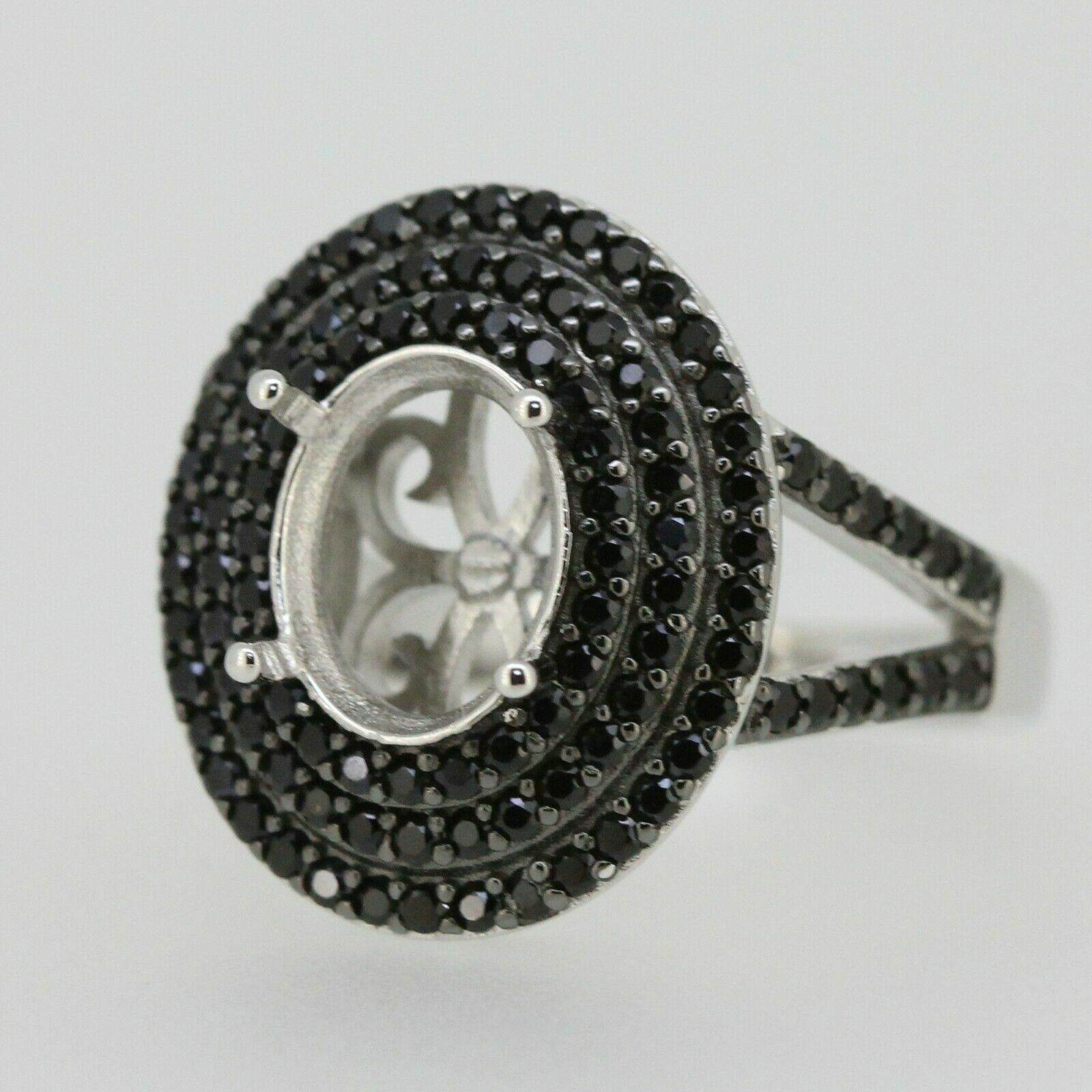 Sterling Silver Semi Mount Ring Setting Oval OV 10x8mm Black Spinel Triple Halo Split Shank - Syzjewelry