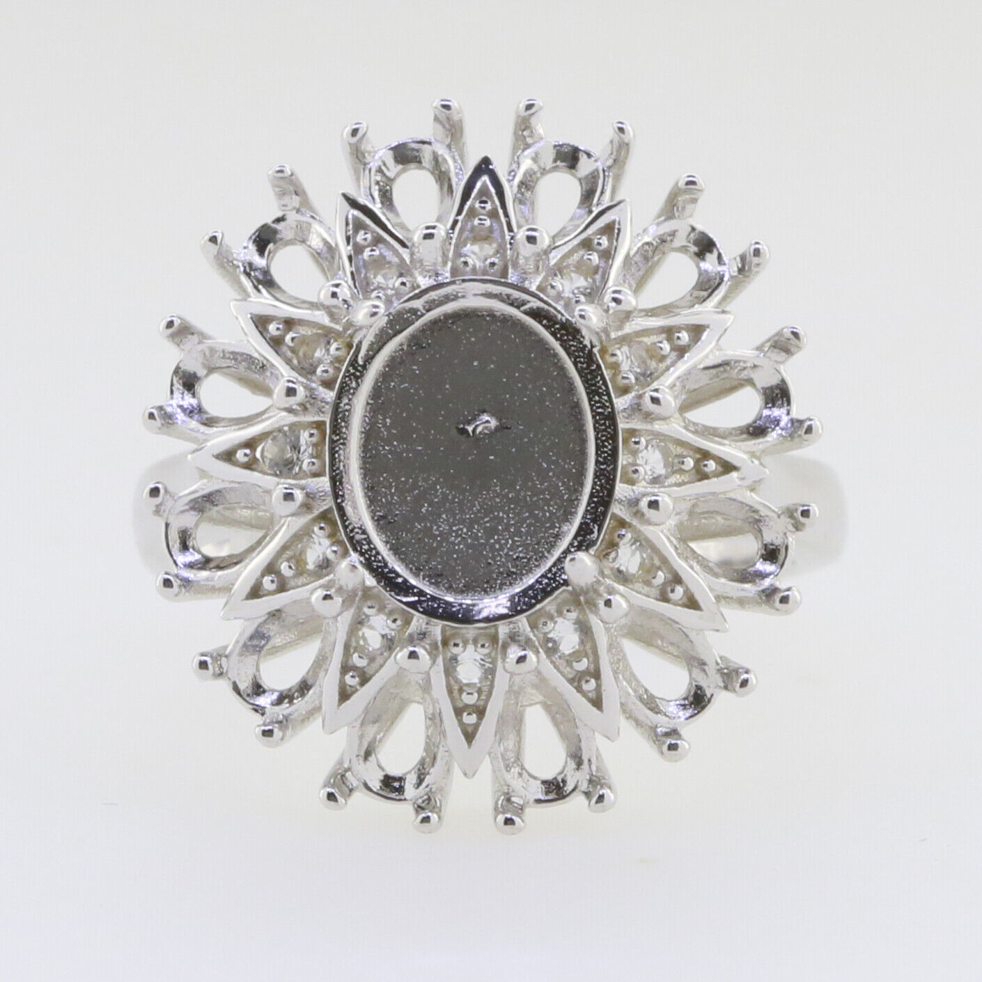 Vintage Inspired Sterling Silver Semi Mount Ring Setting Cab Oval OV 10x8mm PE 5x3mm Sunburst Halo Ring Syzjewelry