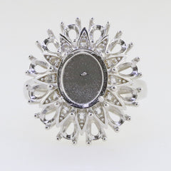 Vintage Inspired Sterling Silver Semi Mount Ring Setting Cab Oval OV 10x8mm PE 5x3mm Sunburst Halo Ring Syzjewelry