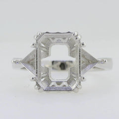 Sterling Silver Semi Mount Ring Setting Emerald OCT 12X9mm Tri 5x5mm 3 Stones - Syzjewelry