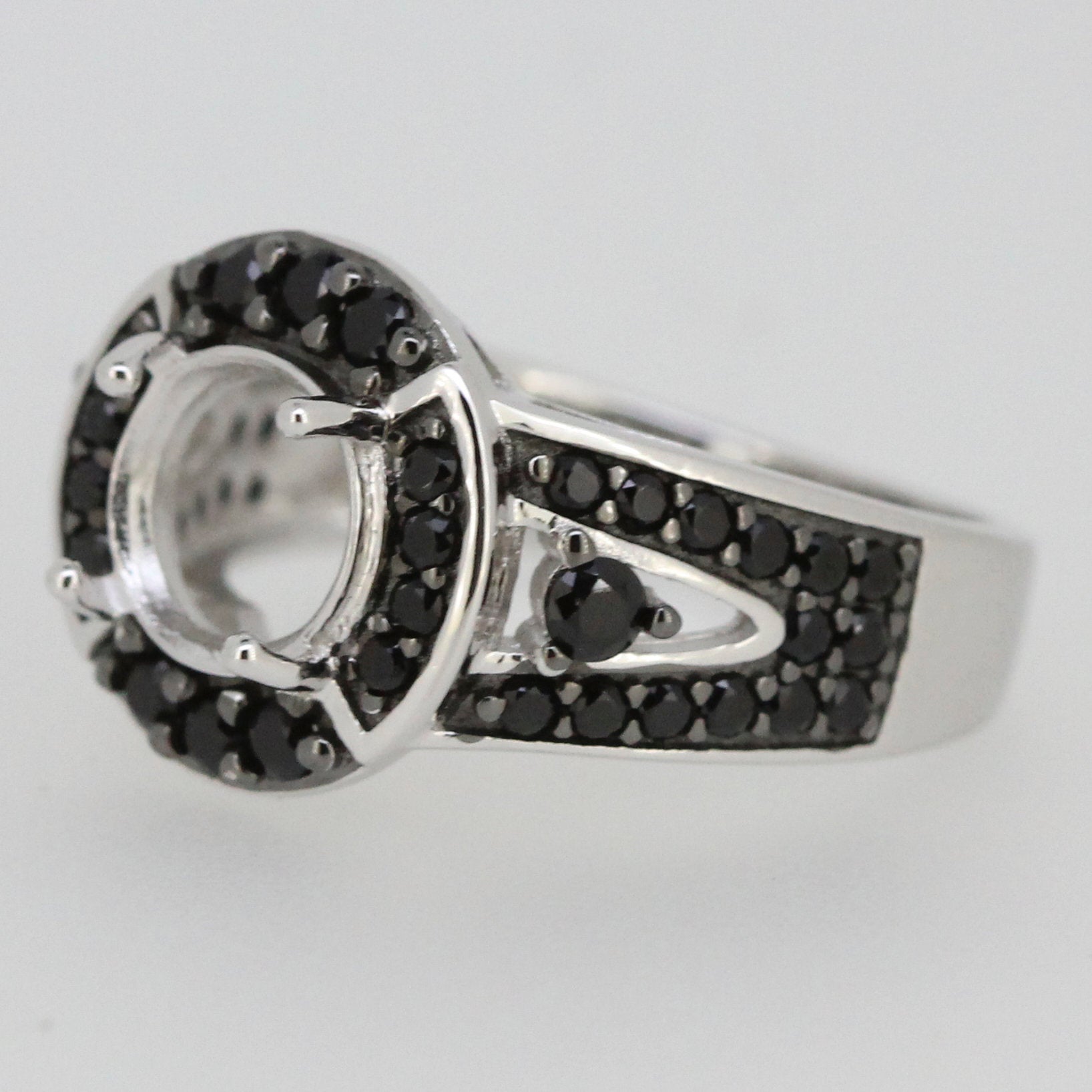 Sterling Silver Semi Mount Ring Setting RD 8x8mm Halo w/ White Topaz or Black Spinel Syzjewelry