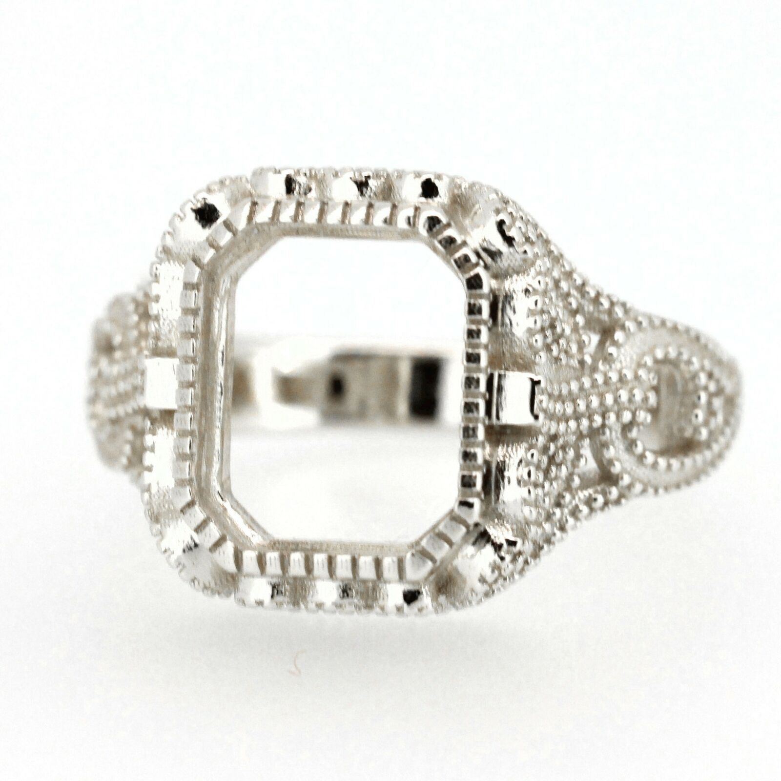 Sterling Silver Semi Mount Ring Setting Radiant OCT 11x9mm Vintage Style Milgrain Syzjewelry