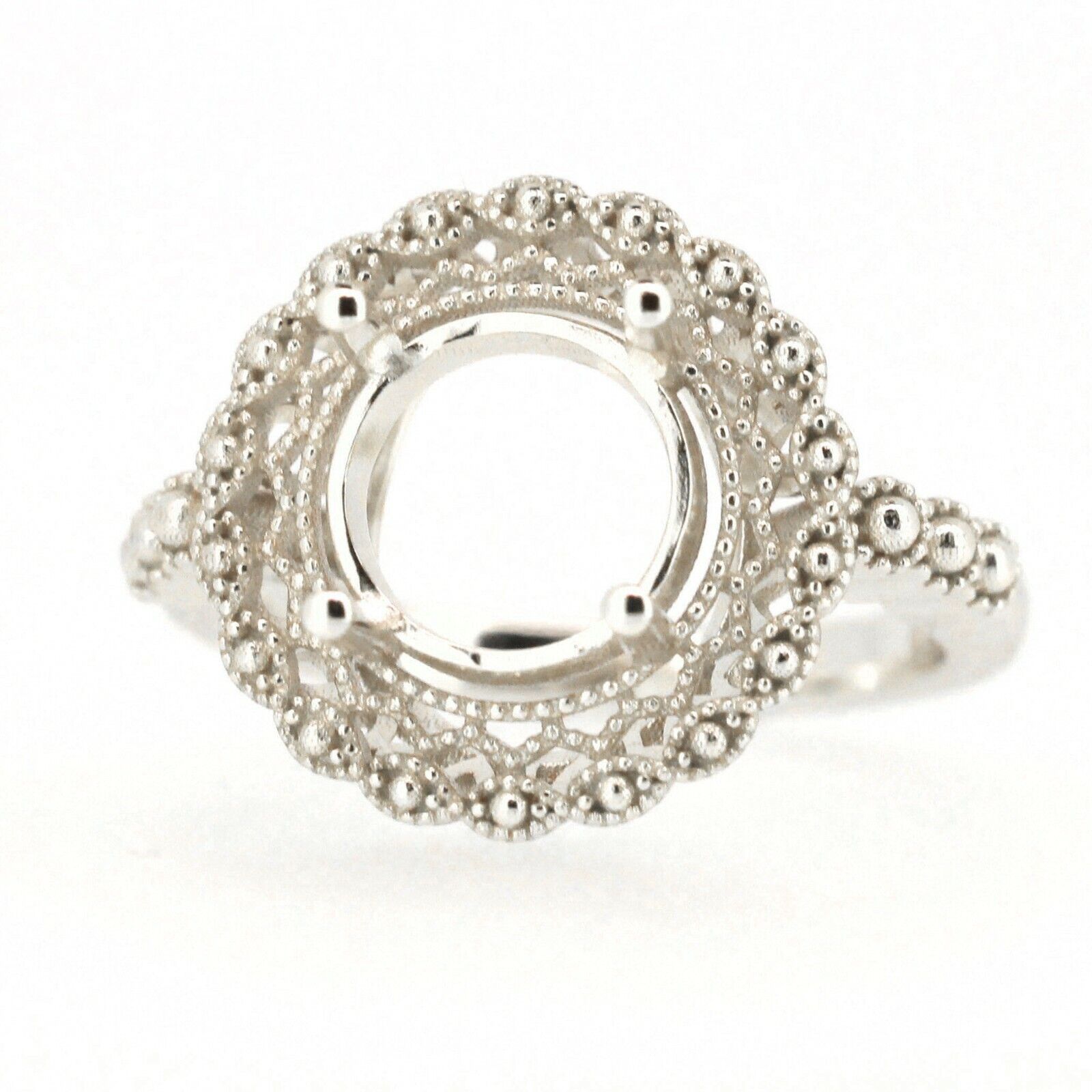 Edwardian Style Sterling Silver Semi Mount Ring Setting Round RD 9x9mm Syzjewelry
