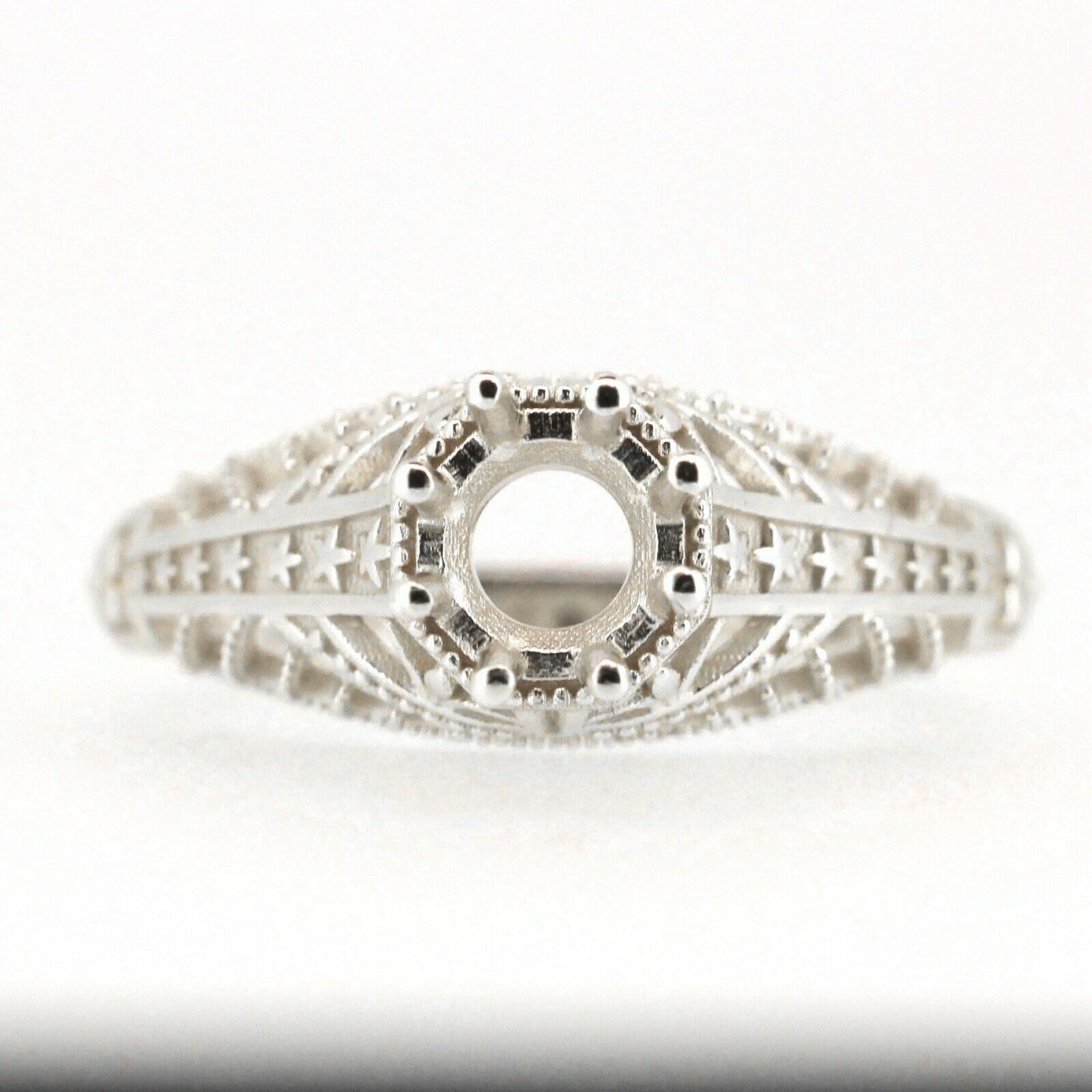 Sterling Silver Semi Mount Ring Setting Round RD5x5mm Art Deco Style Syzjewelry