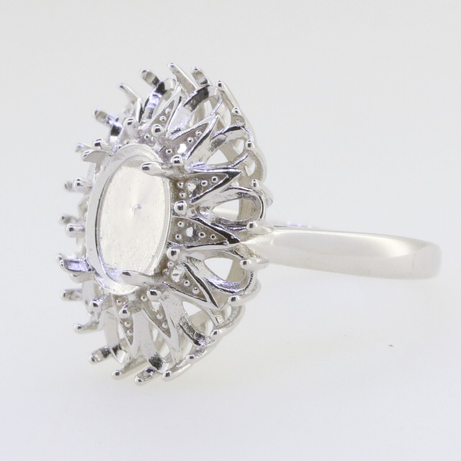 Vintage Inspired Sterling Silver Semi Mount Ring Setting Cab Oval OV 10x8mm PE 5x3mm Sunburst Halo Ring Syzjewelry