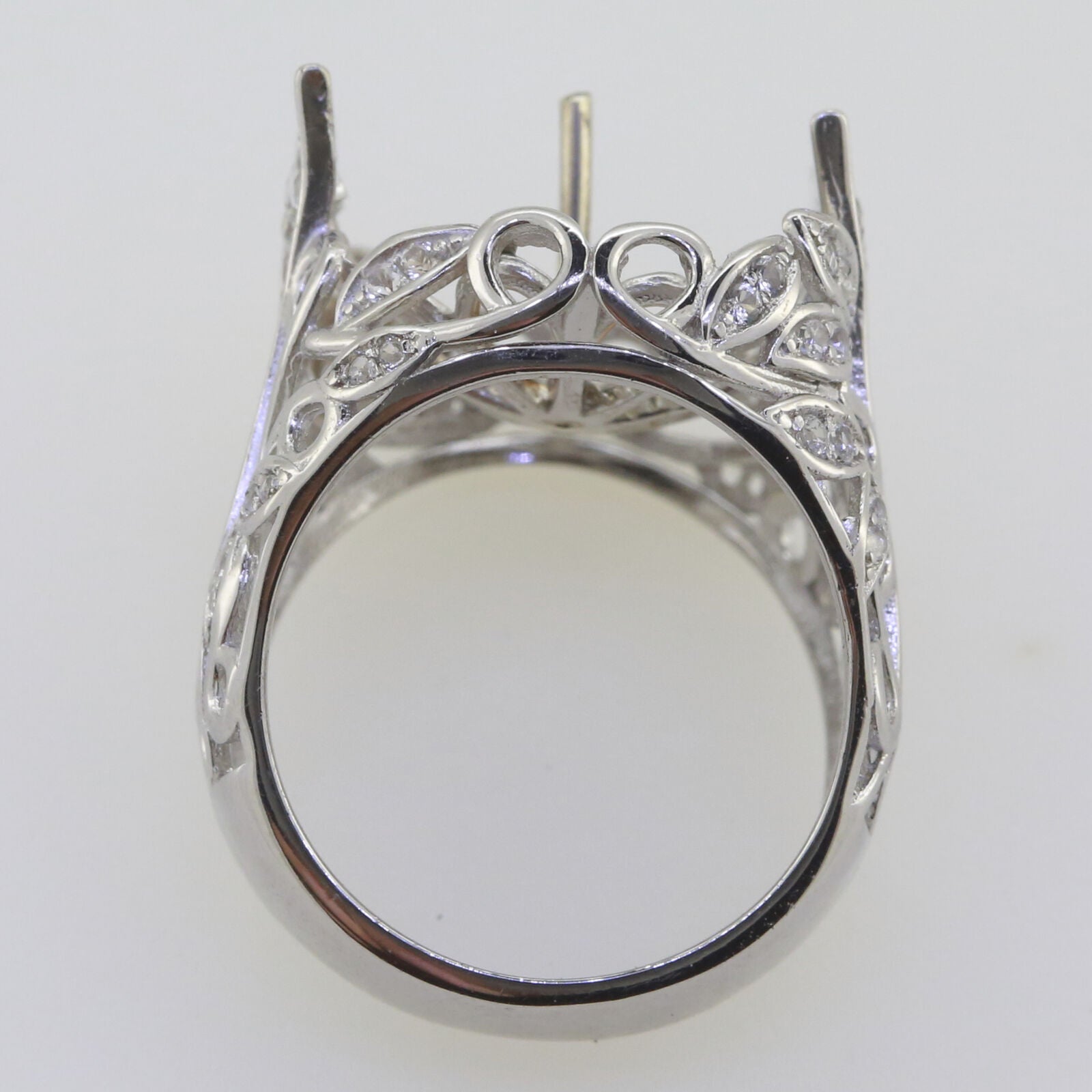 Art Nouveau Style Sterling Silver Semi Mount Ring Setting for Pearl Round Rd 15x15mm w/ White Topaz Syzjewelry