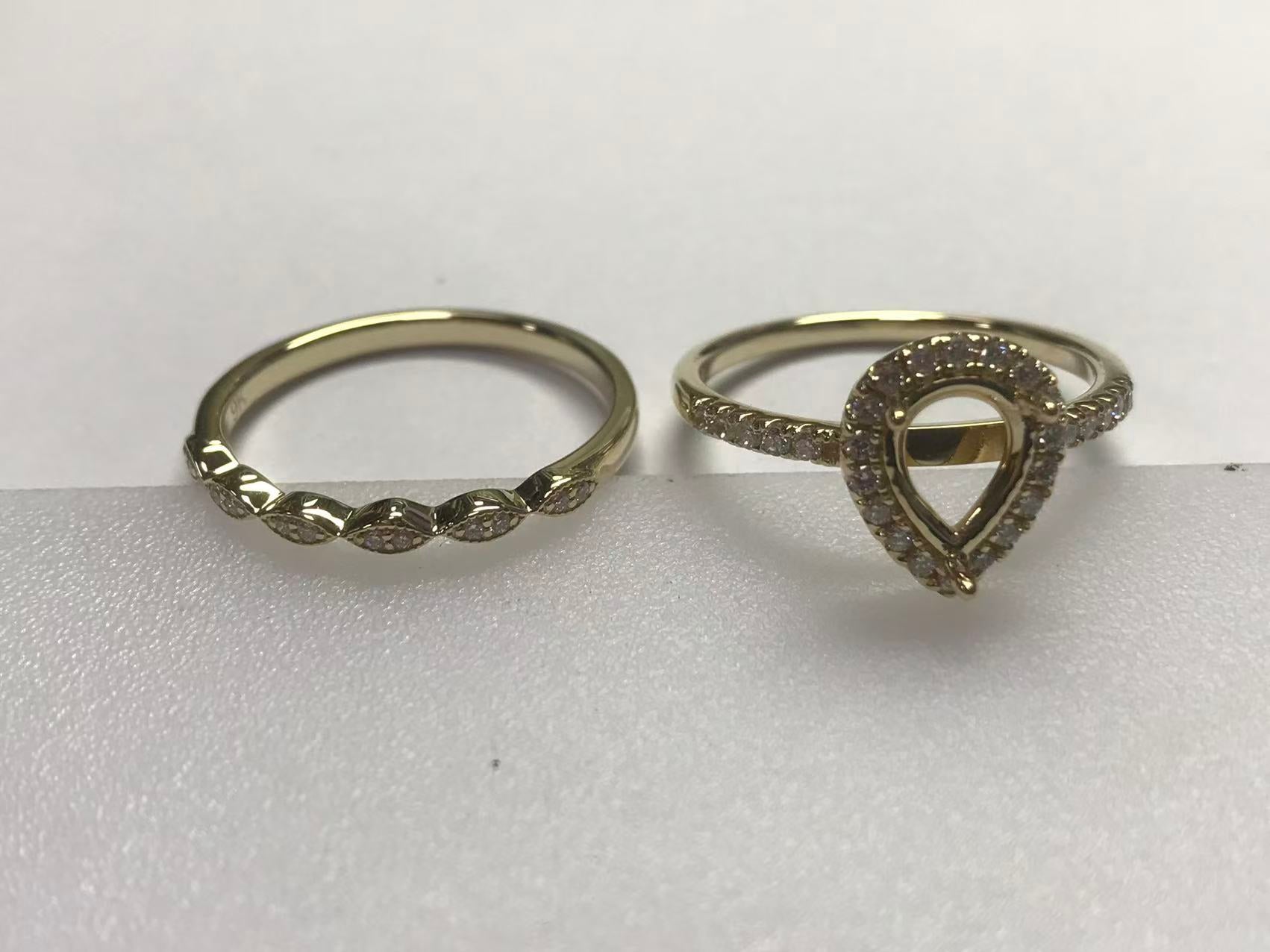 9K Yellow Gold 2 PC Set Semi Mount Ring Setting Pear PE 8x6mm CVD Accents Syzjewelry