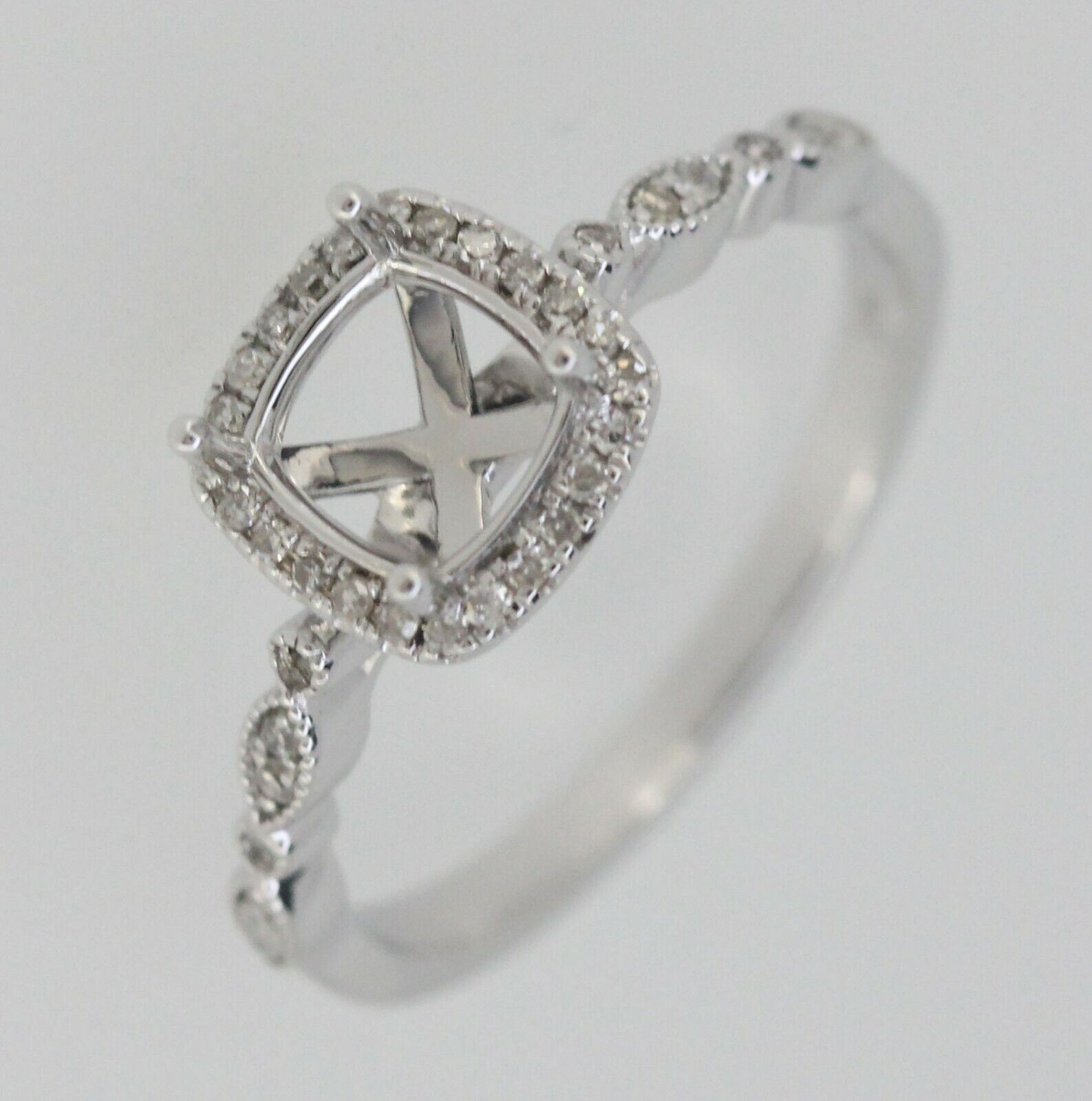 Art Deco Style 14K White Gold & Diamond Semi Mount Ring Setting  Cu 6x6mm Syzjewelry