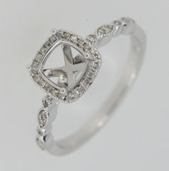 Art Deco Style 14K White Gold & Diamond Semi Mount Ring Setting  Cu 6x6mm Syzjewelry