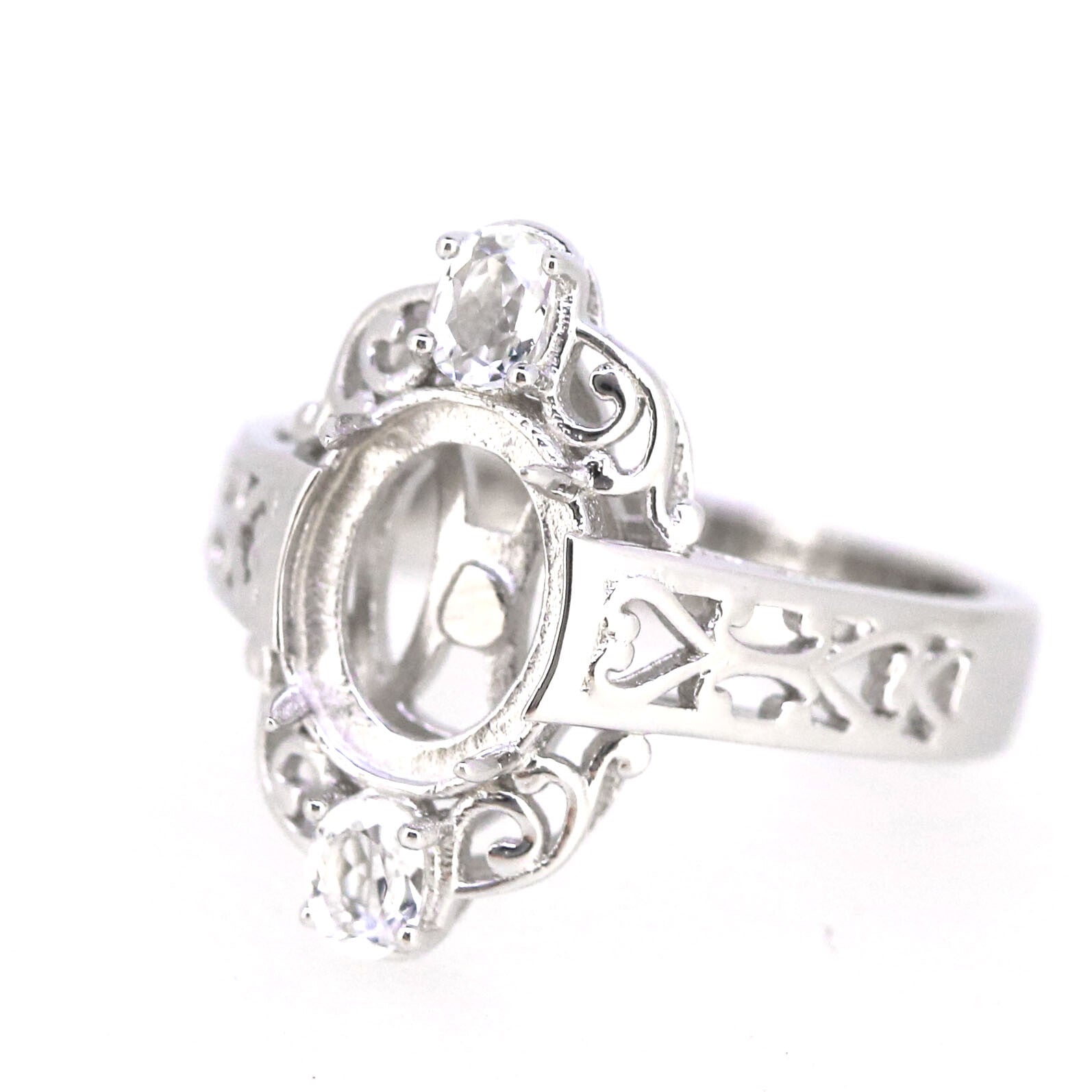 14K White Gold Semi Mount Ring Setting for Oval OV 9x7mm Vintage Repro Syzjewelry