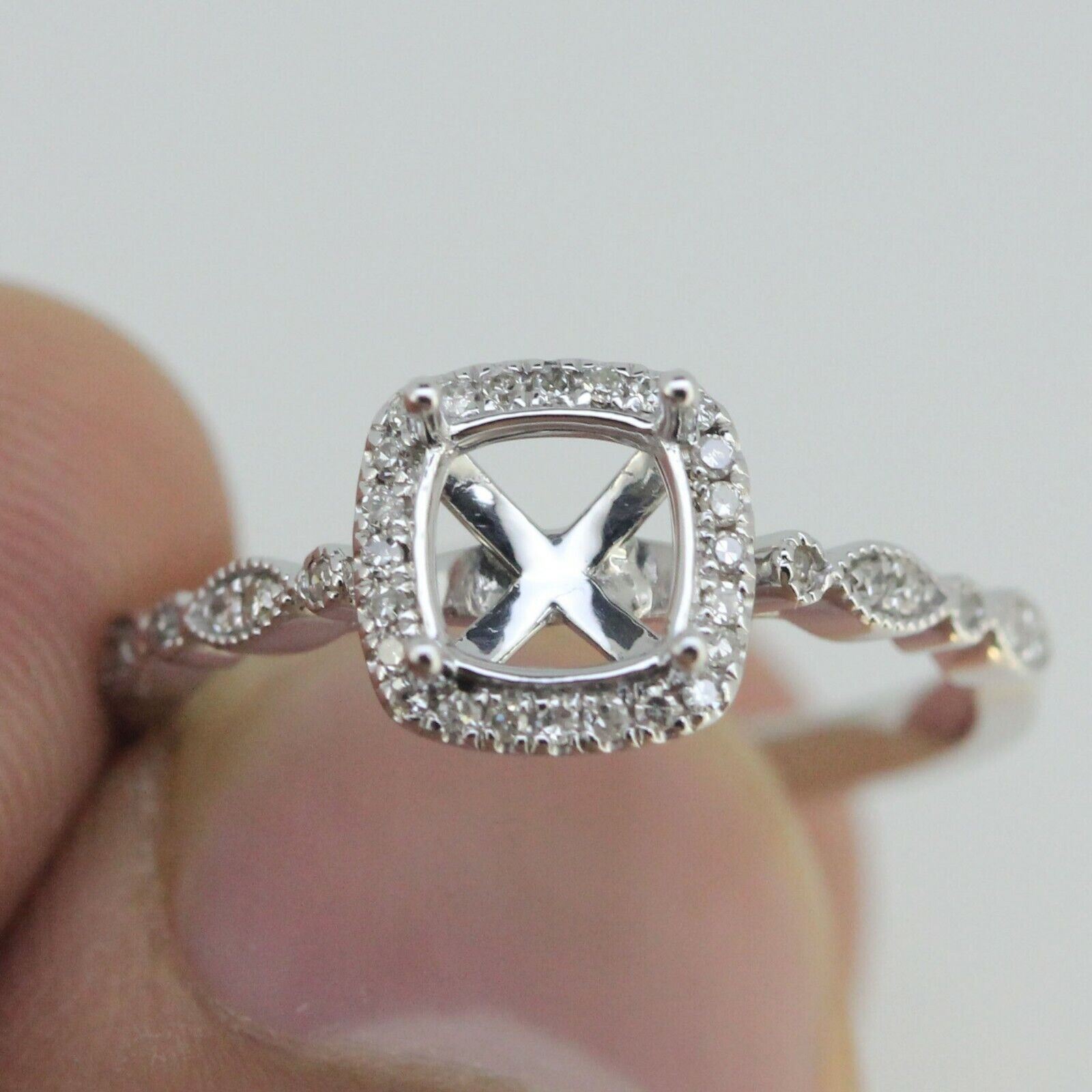 Art Deco Style 14K White Gold & Diamond Semi Mount Ring Setting  Cu 6x6mm Syzjewelry