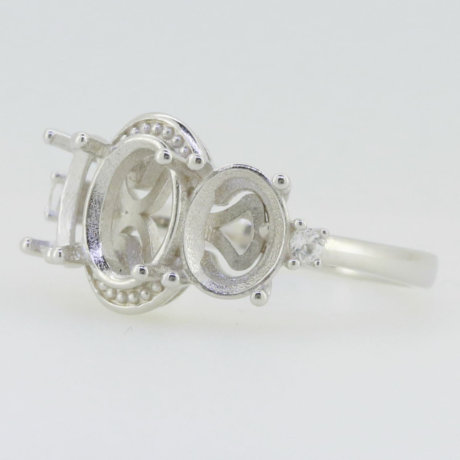 14K White Gold Semi Mount Ring Setting Oval OV 9x7mm OV 7x5mm 3 Stones Syzjewelry