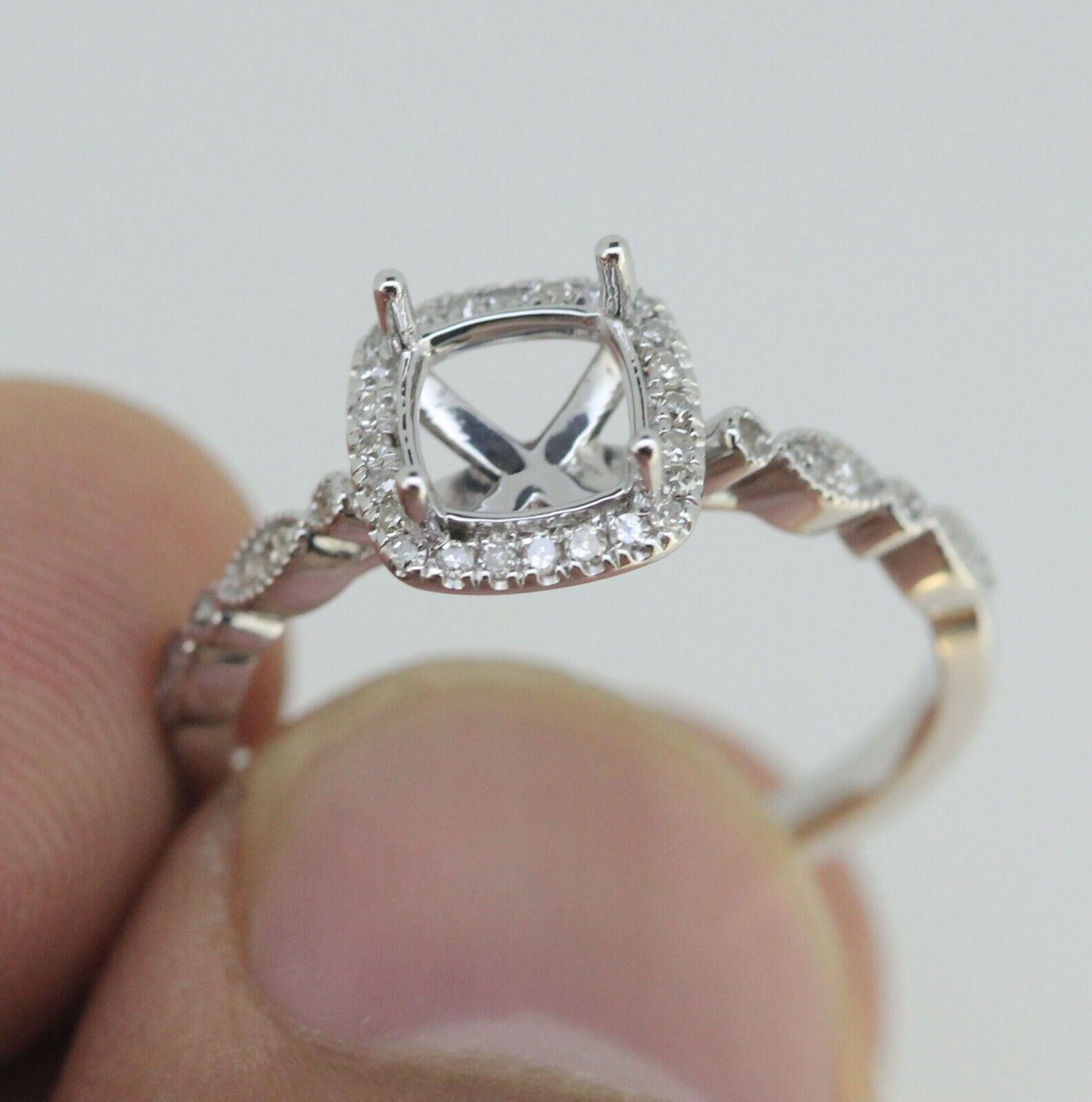 Art Deco Style 14K White Gold & Diamond Semi Mount Ring Setting  Cu 6x6mm Syzjewelry