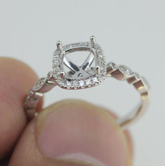 Art Deco Style 14K White Gold & Diamond Semi Mount Ring Setting  Cu 6x6mm Syzjewelry