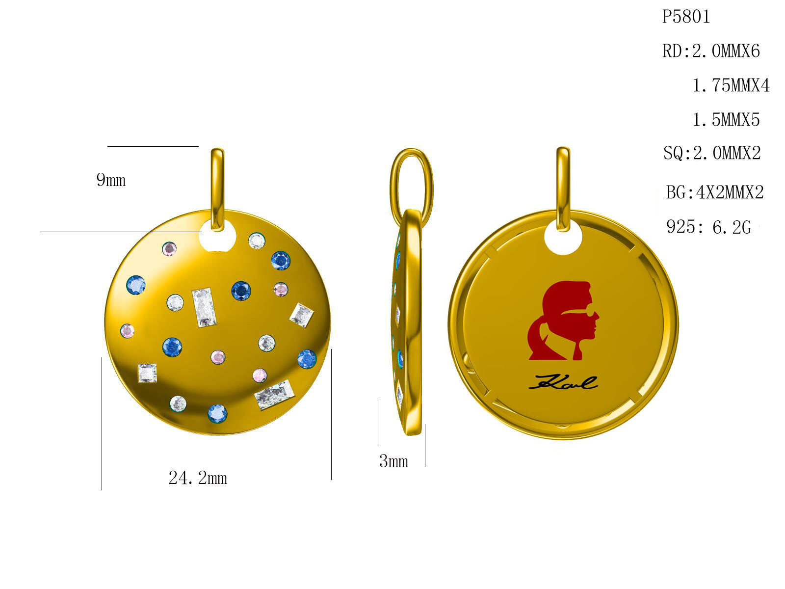 "Sterling Silver Semi Mount Pendant Setting Round RD 2x6mm Princess SQ 2x2mm Syzjewelry