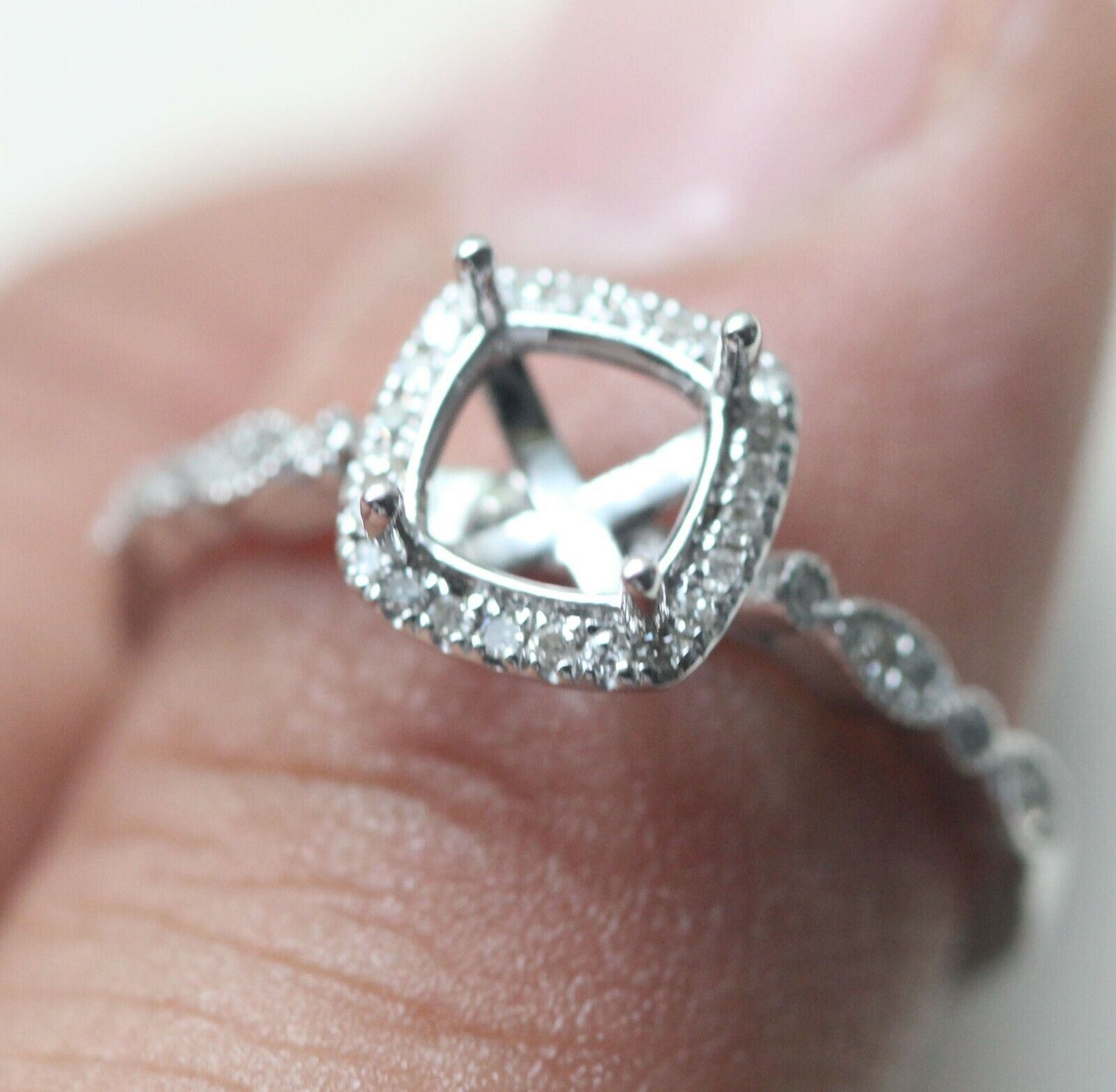 Art Deco Style 14K White Gold & Diamond Semi Mount Ring Setting  Cu 6x6mm Syzjewelry