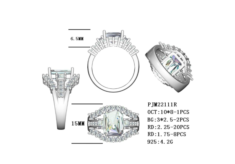 Sterling Silver Semi Mount Ring Setting OCT Emerald 10x8mm BG Baugette 3x2mm Syzjewelry