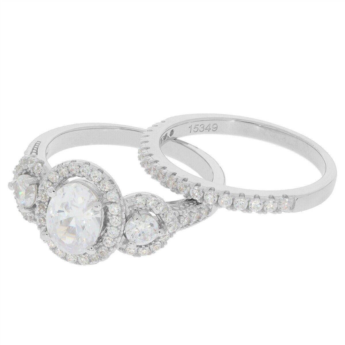 2 PC Set Sterling Silver Semi Mount Ring Setting Oval OV 8x6mm RD 3x3mm 3 stones Halo Bridal Ring - Syzjewelry