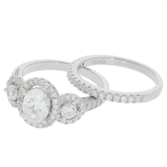 2 PC Set Sterling Silver Semi Mount Ring Setting Oval OV 8x6mm RD 3x3mm 3 stones Halo Bridal Ring - Syzjewelry