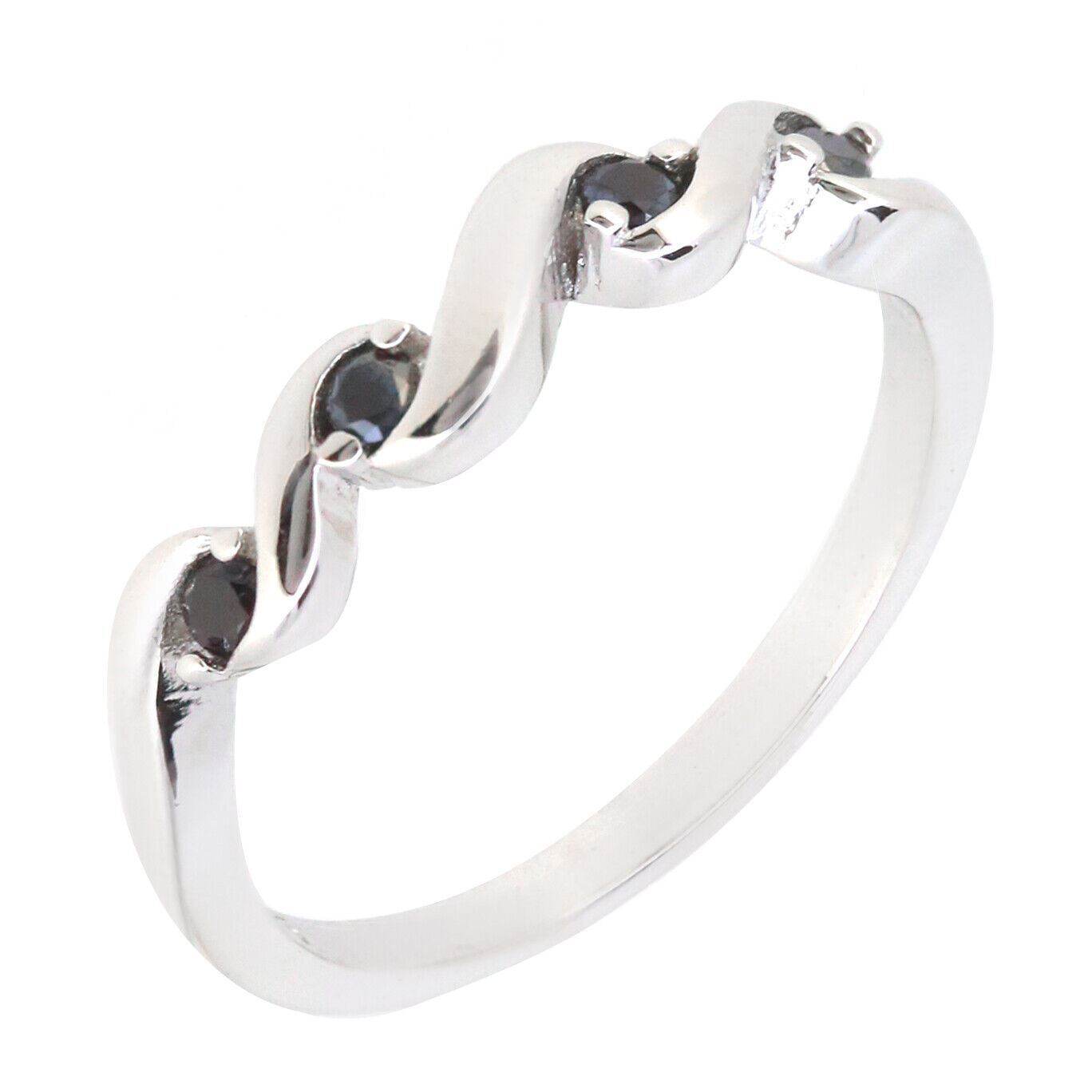 10K White Gold Black Diamond Stackable Eternity Ring Swirl Band - Syzjewelry