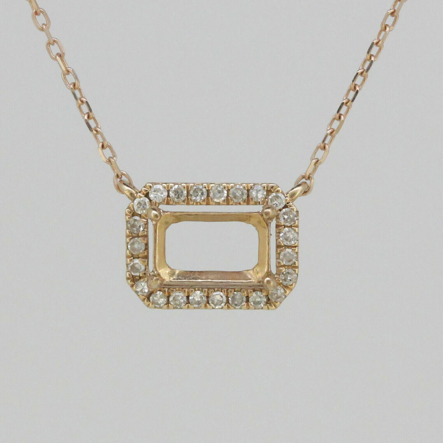 14K Yellow Gold & Diamond Semi Mount Pendant Setting Oct 7x5mm Halo 18" Chain - Syzjewelry