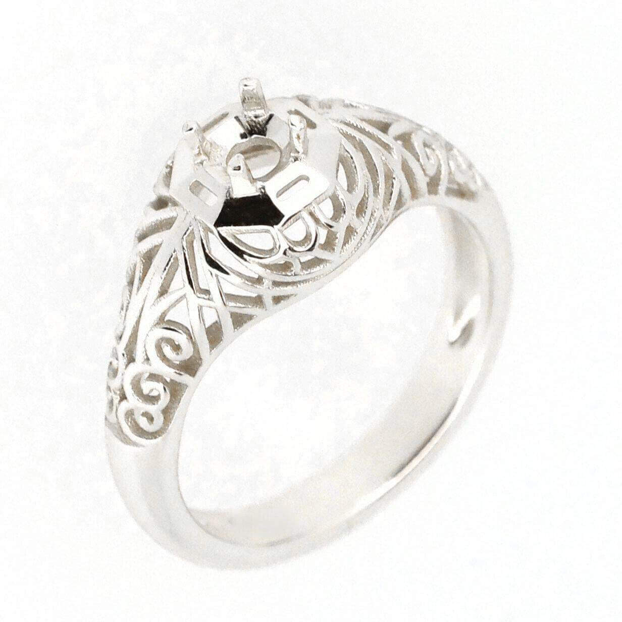 Art Deco Style Sterling Silver Semi Mount Ring Setting Round 3x3mm - Syzjewelry