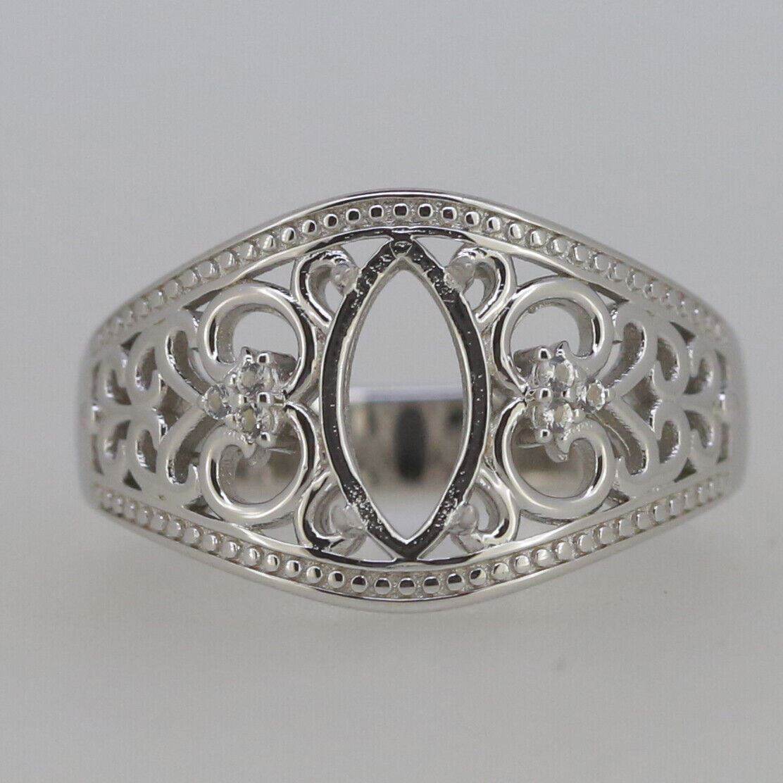 14K White Gold Semi Mount Ring Setting for Marquise MQ 10x5mm Vintage Repro - Syzjewelry