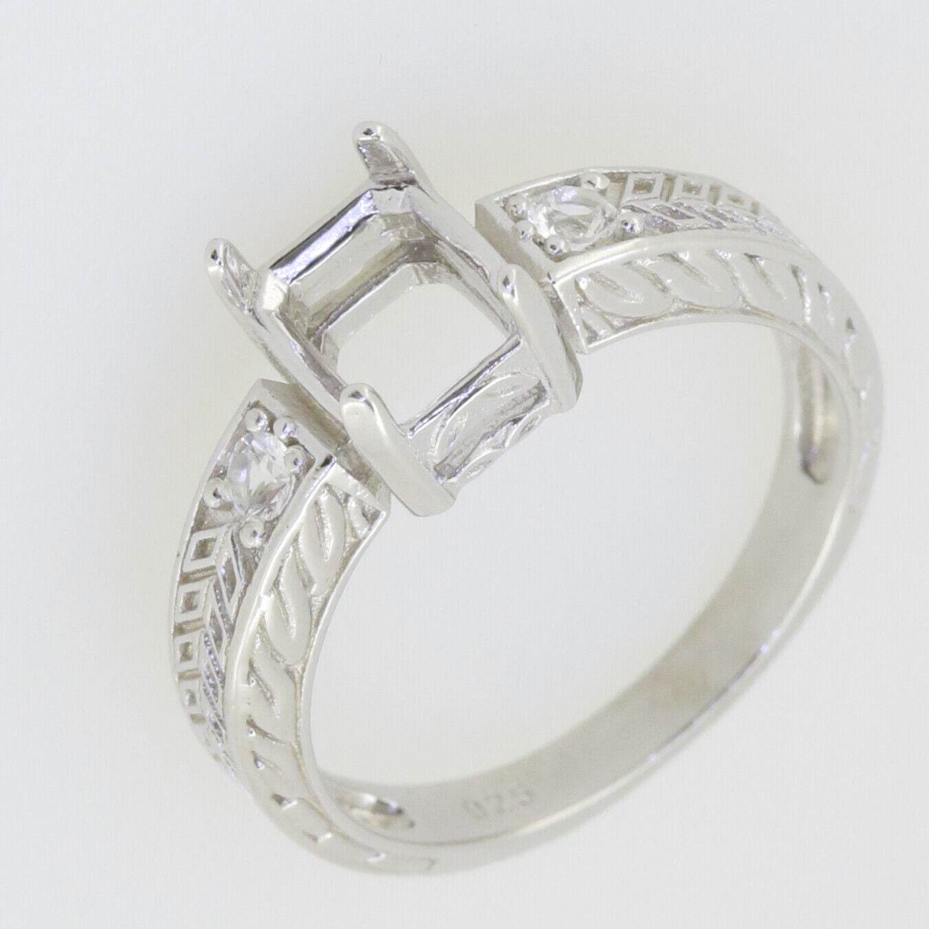 Sterling Silver Semi Mount Ring Setting Emerald OCT 8x6mm Art Deco Style - Syzjewelry