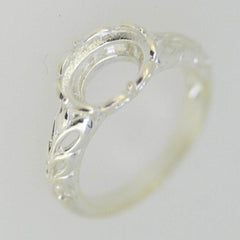 Filigree Sterling Silver Semi Mount Ring Setting Cabochon OV 10x8mm White Topaz - Syzjewelry