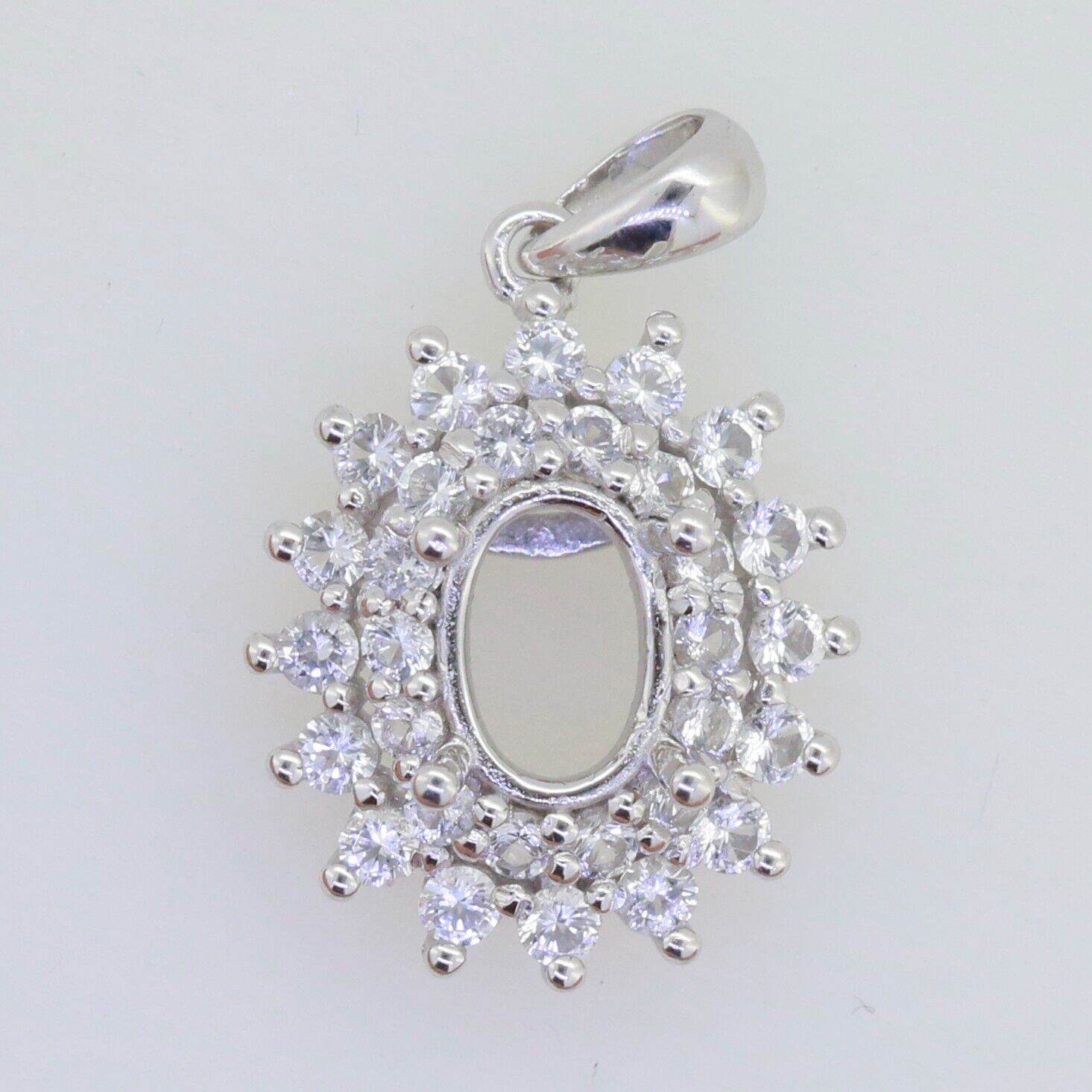 Sterling Silver Semi Mount Pendant Setting Oval OV 8X6mm White Topaz Double Halo - Syzjewelry