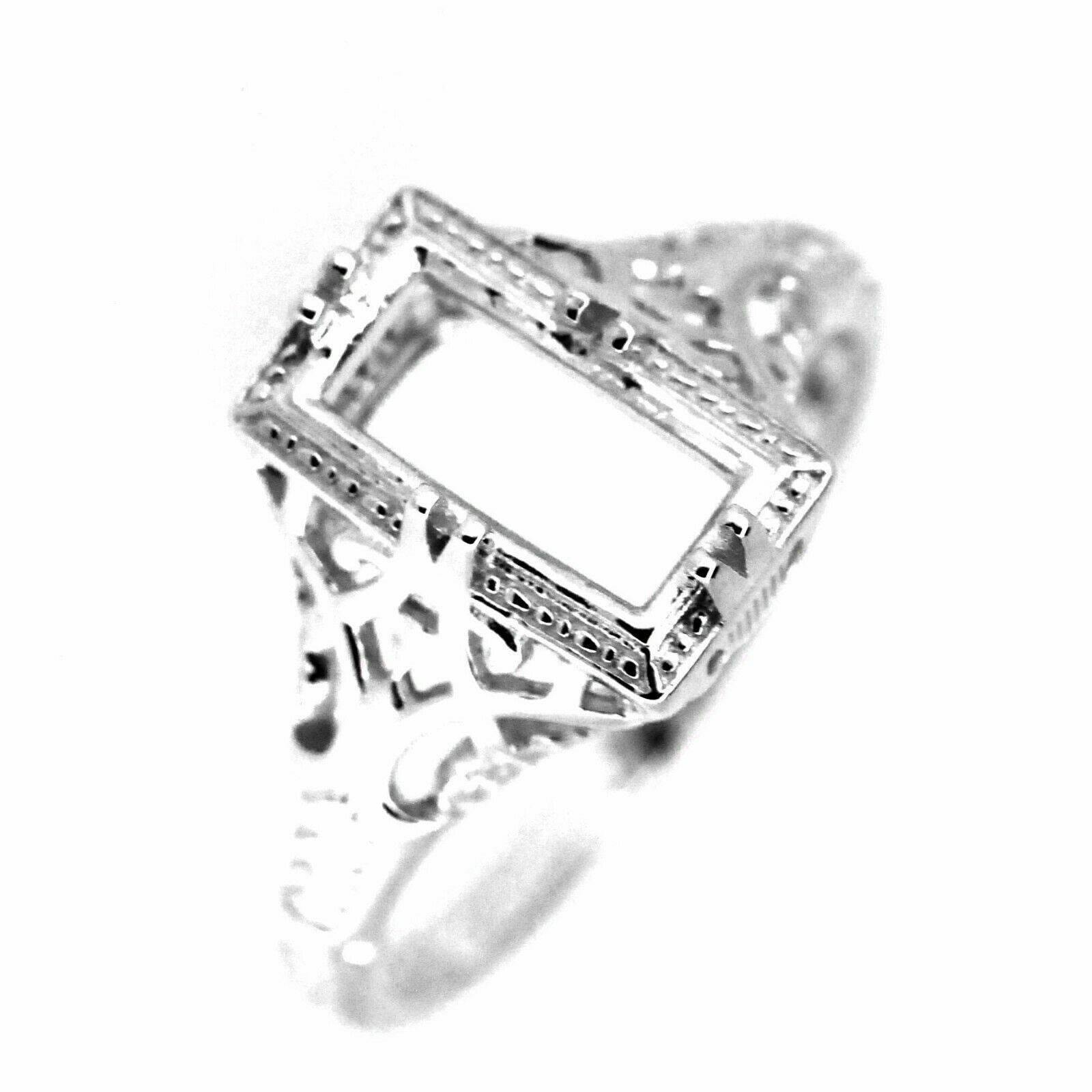 Filigree Sterling Silver Semi Mount Ring Setting Emerald OCT 14x7mm Art Deco - Syzjewelry