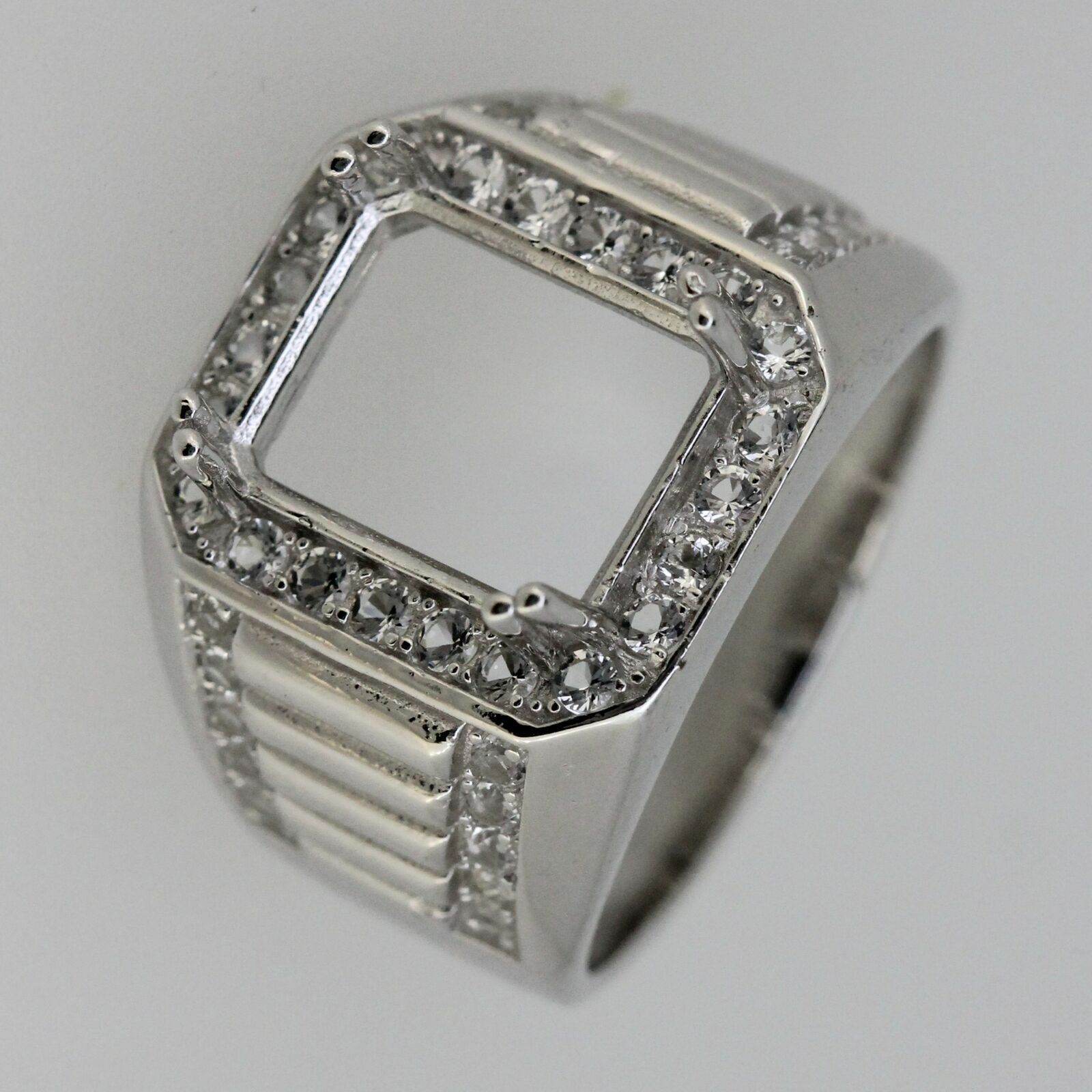 Sterling Silver Semi Mount Men's Ring Setting Emerald OCT 12x10mm Halo - Syzjewelry