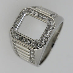 Sterling Silver Semi Mount Men's Ring Setting Emerald OCT 12x10mm Halo - Syzjewelry