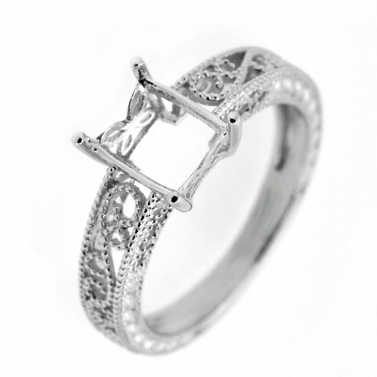 Filigree Sterling Silver Semi Mount Ring Setting Emerald OCT 8x6mm Art Deco - Syzjewelry