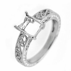 Filigree Sterling Silver Semi Mount Ring Setting Emerald OCT 8x6mm Art Deco - Syzjewelry
