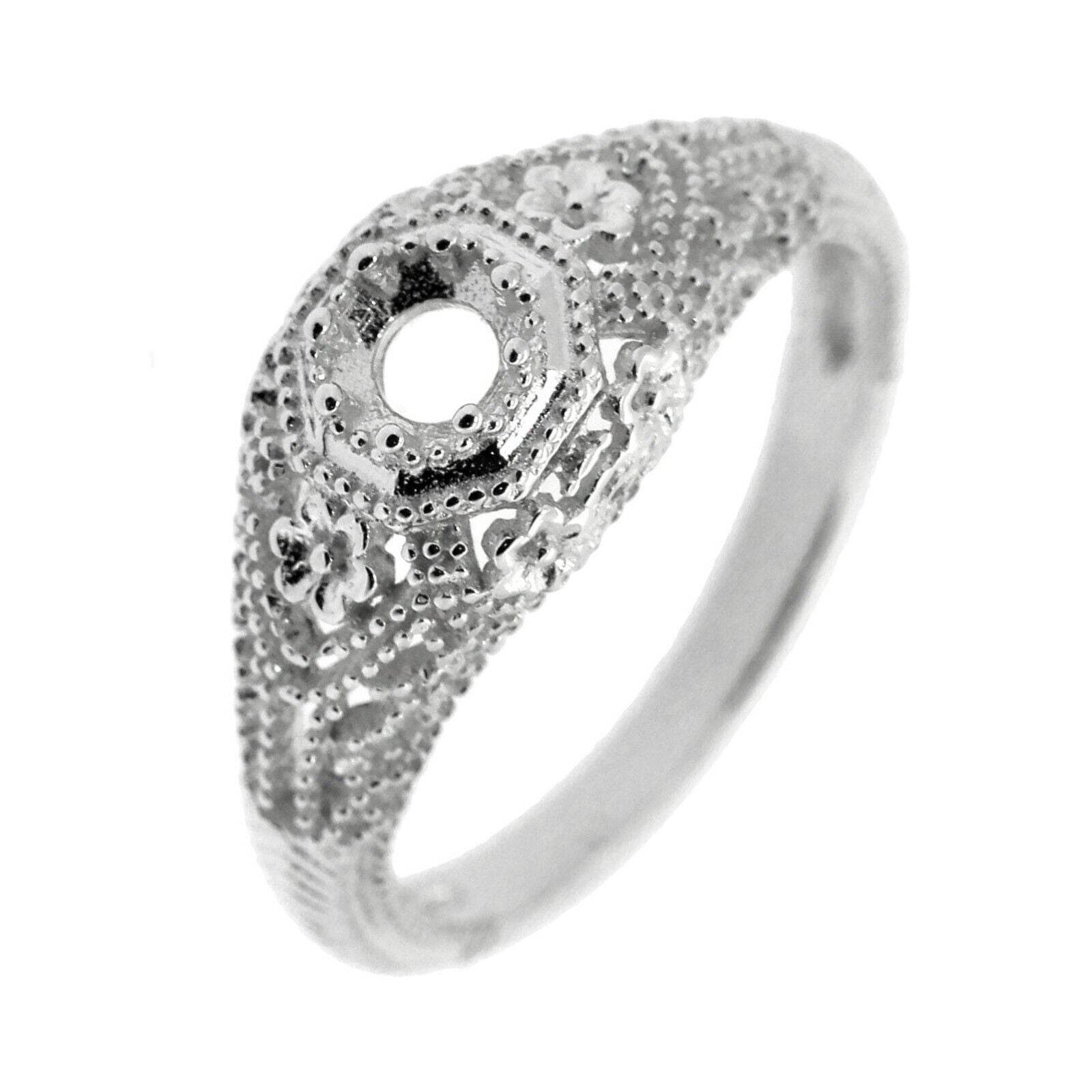 Sterling Silver Semi Mount Ring Setting Round Rd 4x4mm Art Deco Style - Syzjewelry