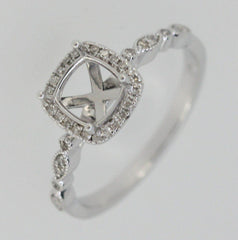 Art Deco Style 14K White Gold & Diamond Semi Mount Ring Setting Cu 6x6mm - Syzjewelry