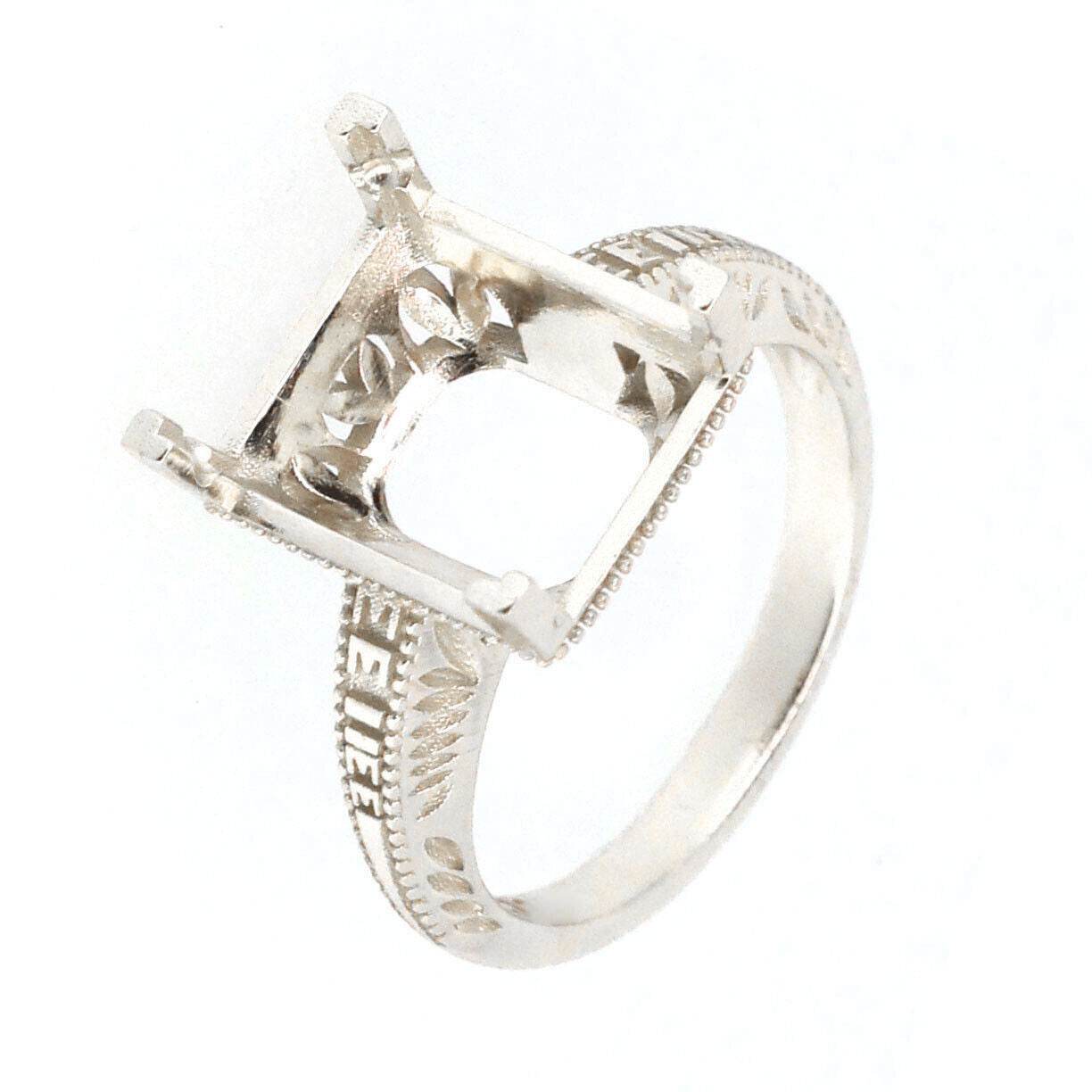 Art Deco Style Sterling Silver Semi Mount Ring Setting Emerald OCT 12x10mm - Syzjewelry