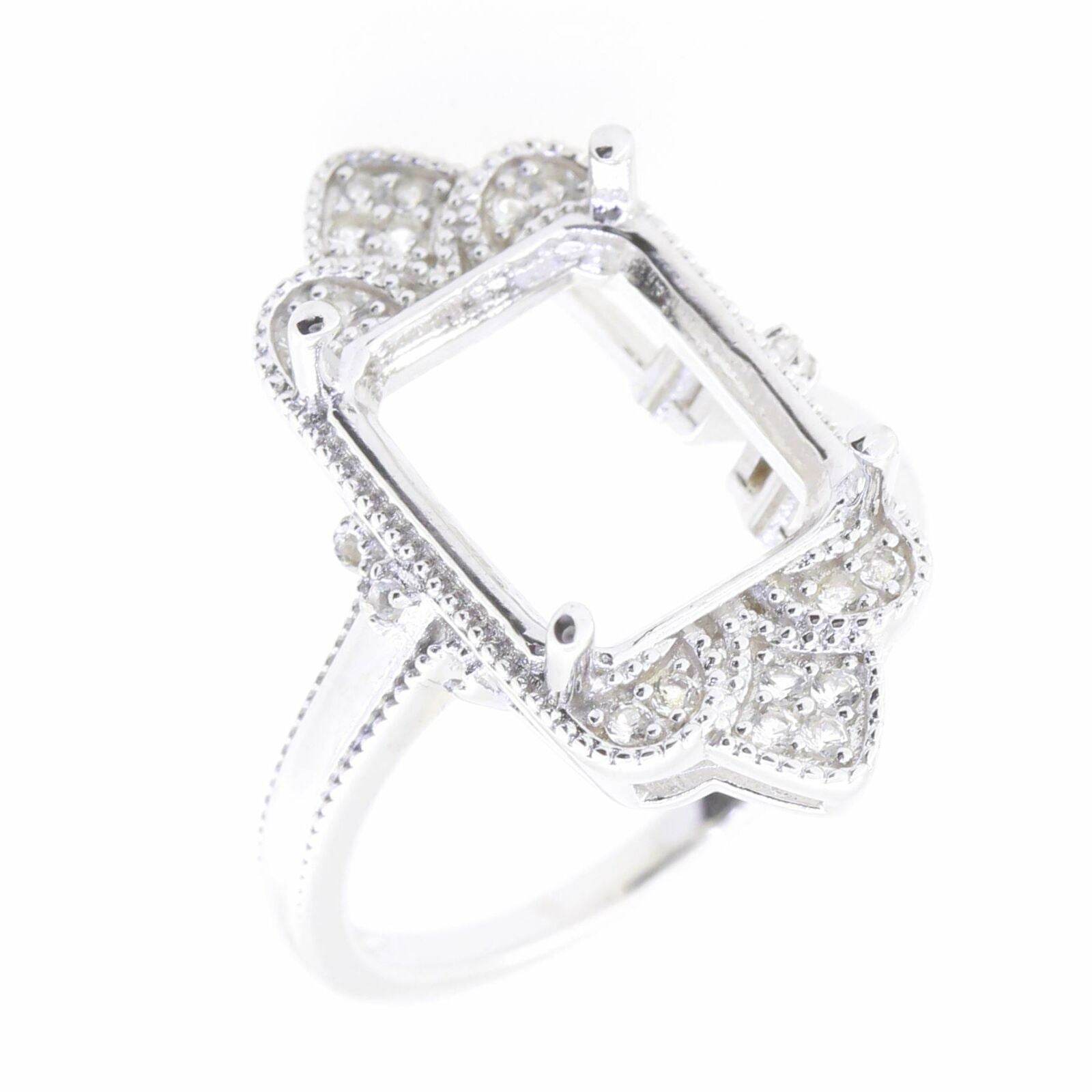 14K White Gold Semi Mount Ring Setting Emeral OCT 12x10mm Milgrain Vintage Styl - Syzjewelry