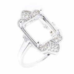 14K White Gold Semi Mount Ring Setting Emeral OCT 12x10mm Milgrain Vintage Styl - Syzjewelry