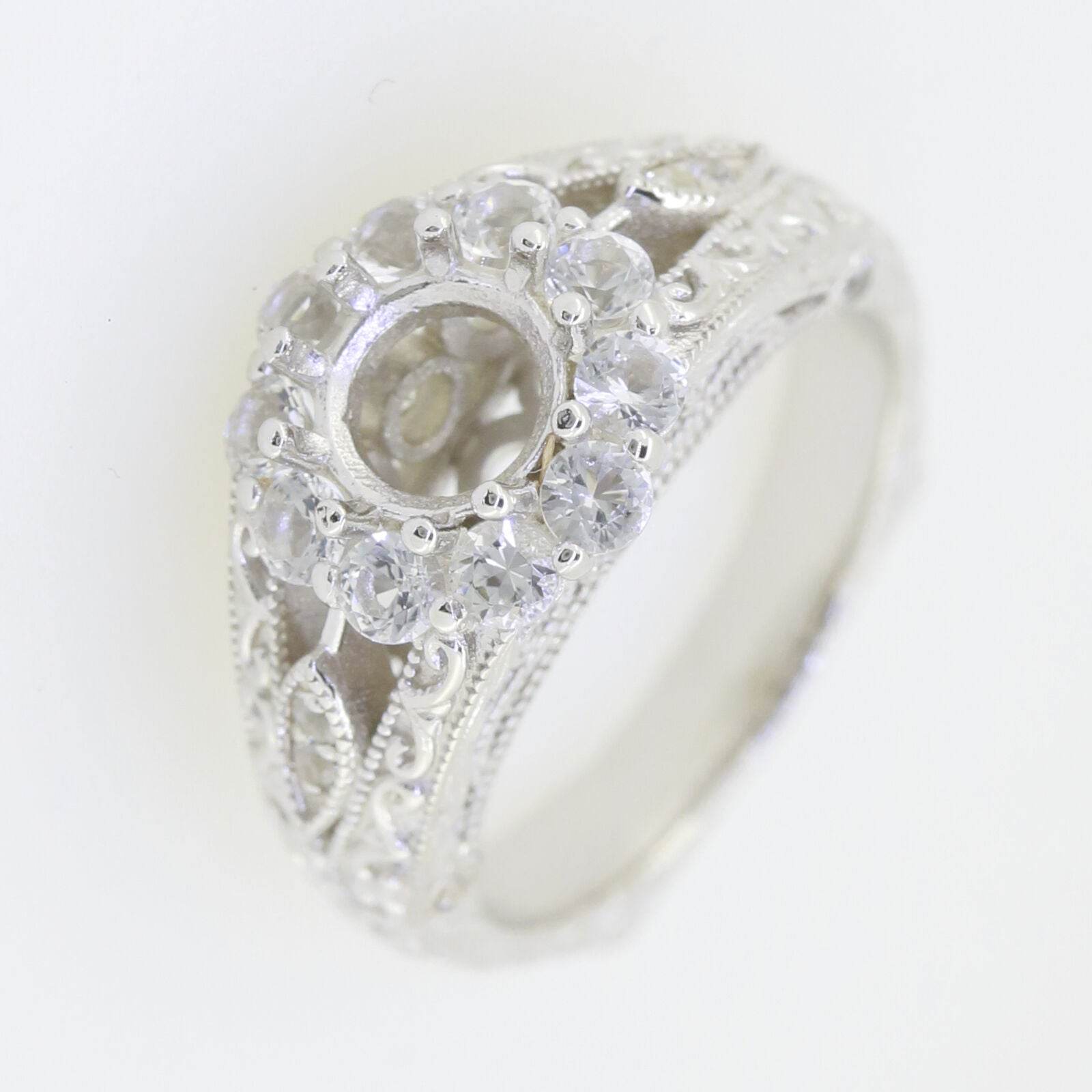 Sterling Silver Semi Mount Ring Setting Round RD 6.5x6.5mm Art Deco Old Euro - Syzjewelry