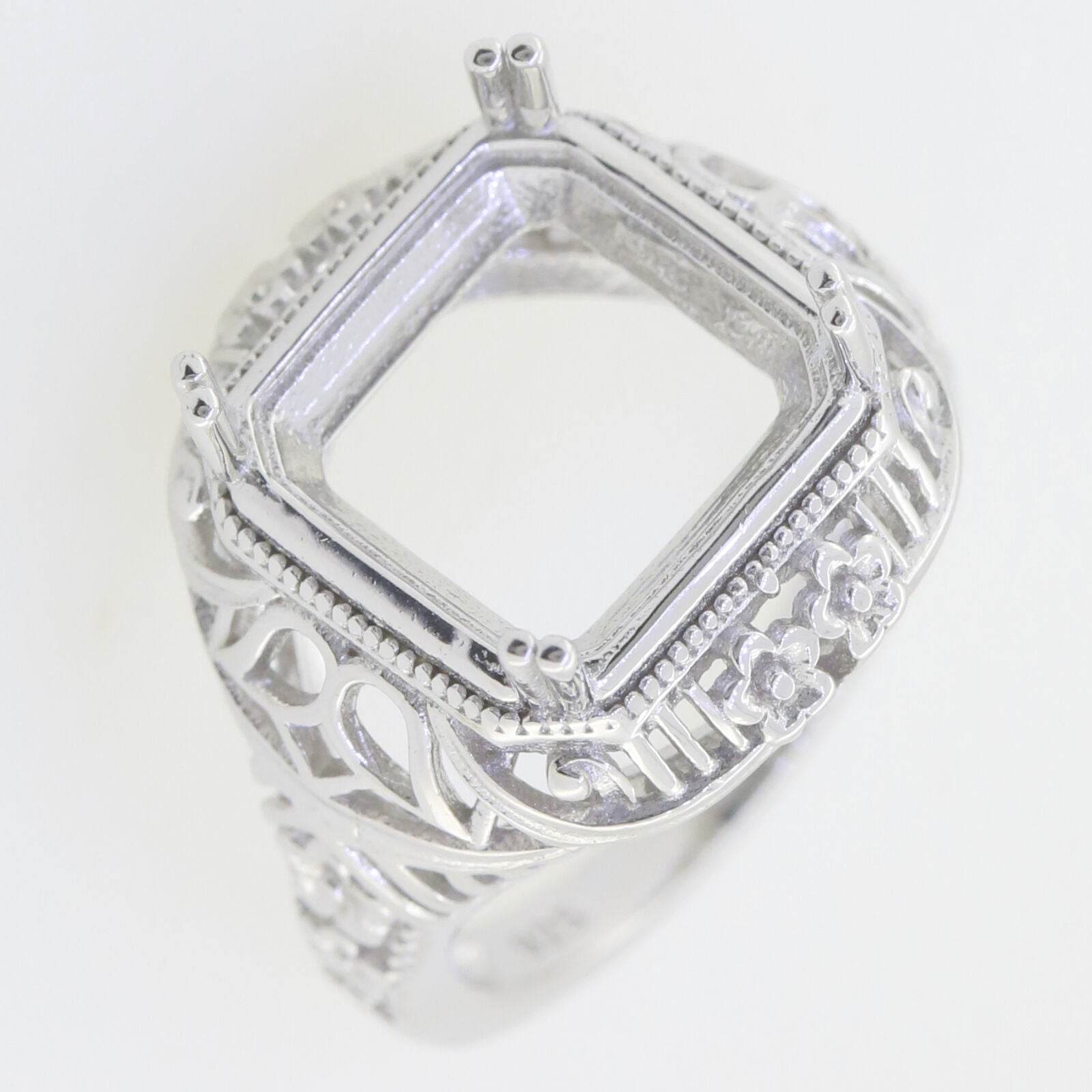 Sterling Silver Semi Mount Ring Setting Asscher SQ 12x12mm Vintage Repro - Syzjewelry